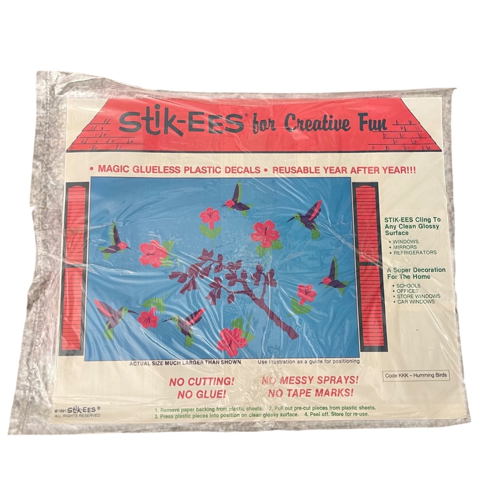 Vtg Stik-ees Window Clings hummingbirds 90s Teacher School spring flowers pink